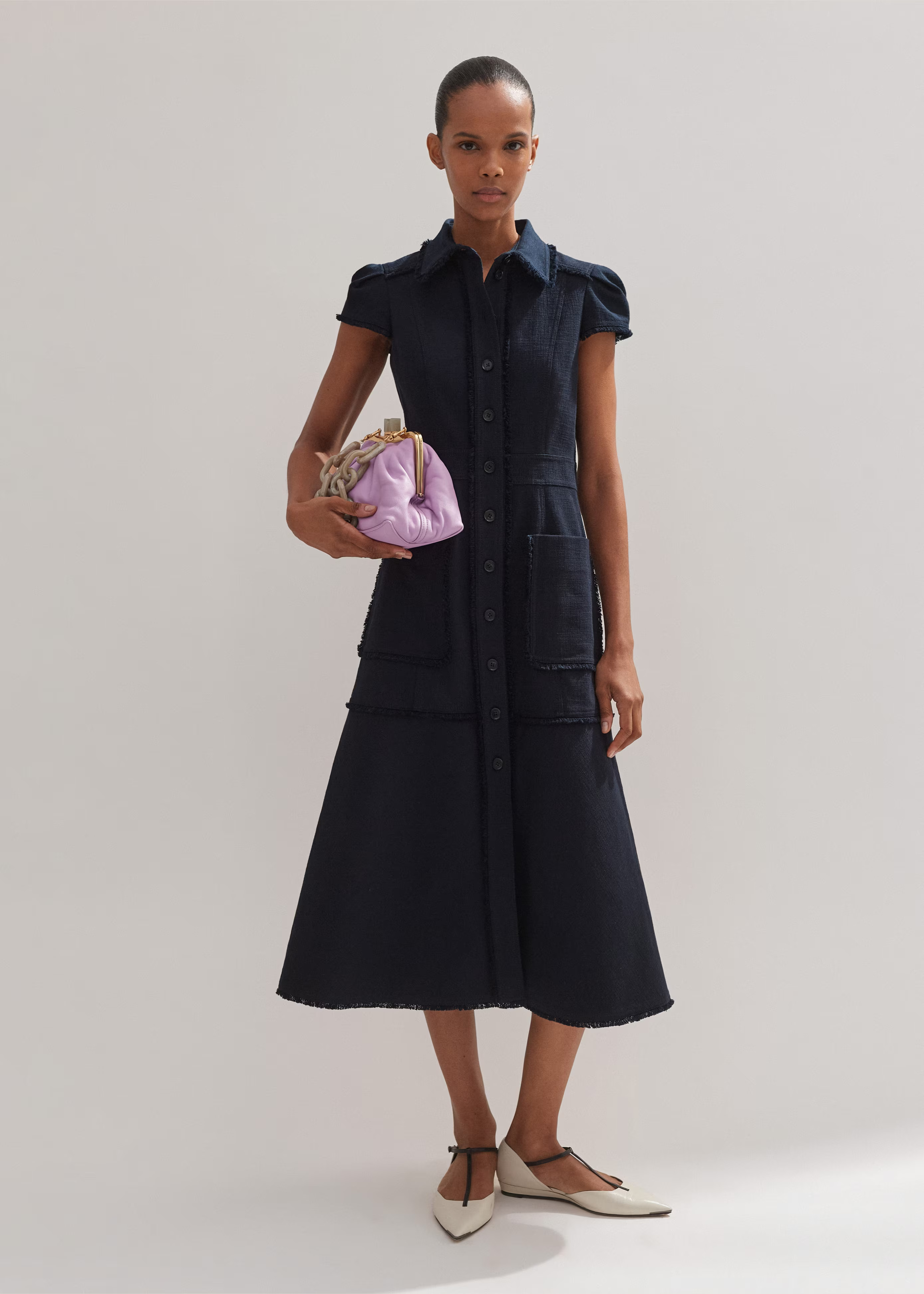 Women's Navy Cotton-Blend Fringed Midi Dress | ME+EM | ME+EM US