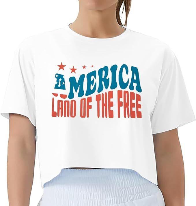 American Flag Crop Tops Women America Land of The Free Shirt Patriotic T-Shirts Casual Short Slee... | Amazon (US)