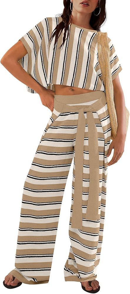 LAMISSCHE Oversized Womens Lounge Set Striped Sweater Set Short Sleeve 2 Piece Pajama Set Beach O... | Amazon (US)