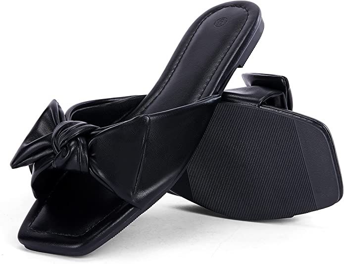 Coutgo Womens Bow Tie Square Open Toe Flat Sandals Summer Slide Shoes | Amazon (US)