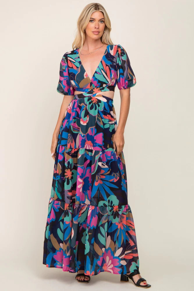Black Multi Color Floral Puff Sleeve Cutout Maxi Dress | PinkBlush Maternity