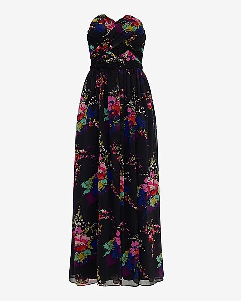 Floral Strapless Twist Front Smocked Back Cutout Maxi Dress With Pockets | Express