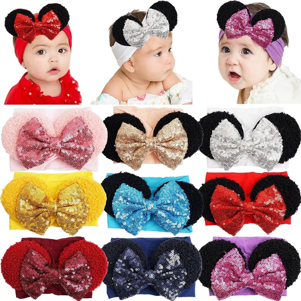 CellElection 9 Pack Mouse Ears Sequin Headbands 6Inch Large Big Sparkly Glitter Sequin Hair Bows ... | Amazon (US)