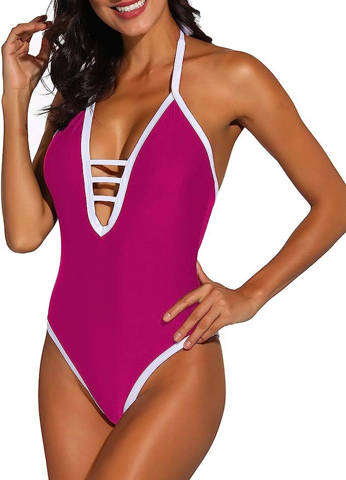 Women's One Piece Swimsuit Vintage Deep V Neck Halter Backless Monokini Bathing Suit Swimwear | Amazon (US)