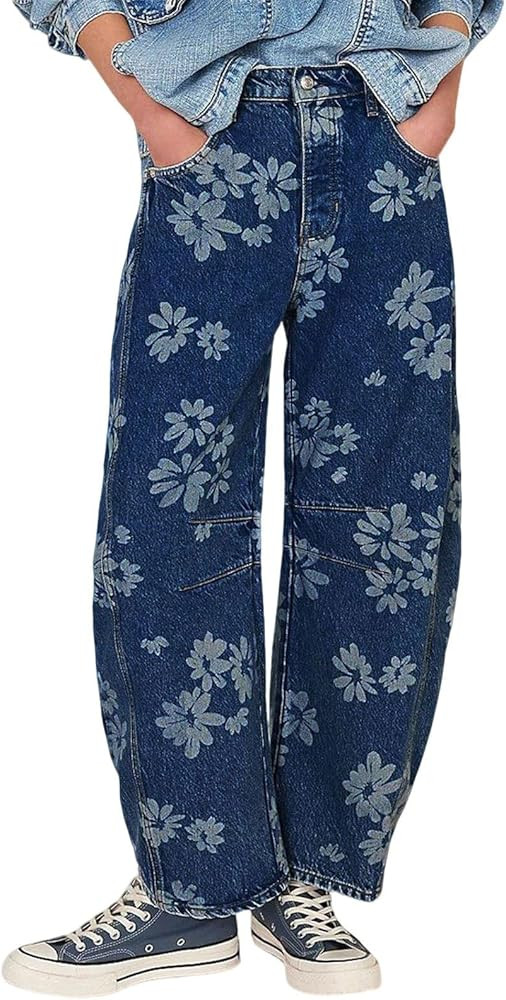 loveimgs Women Y2k Distressed Barrel Jeans Baggy Wide Leg Jeans Floral Printed Boyfriend Patchwor... | Amazon (US)