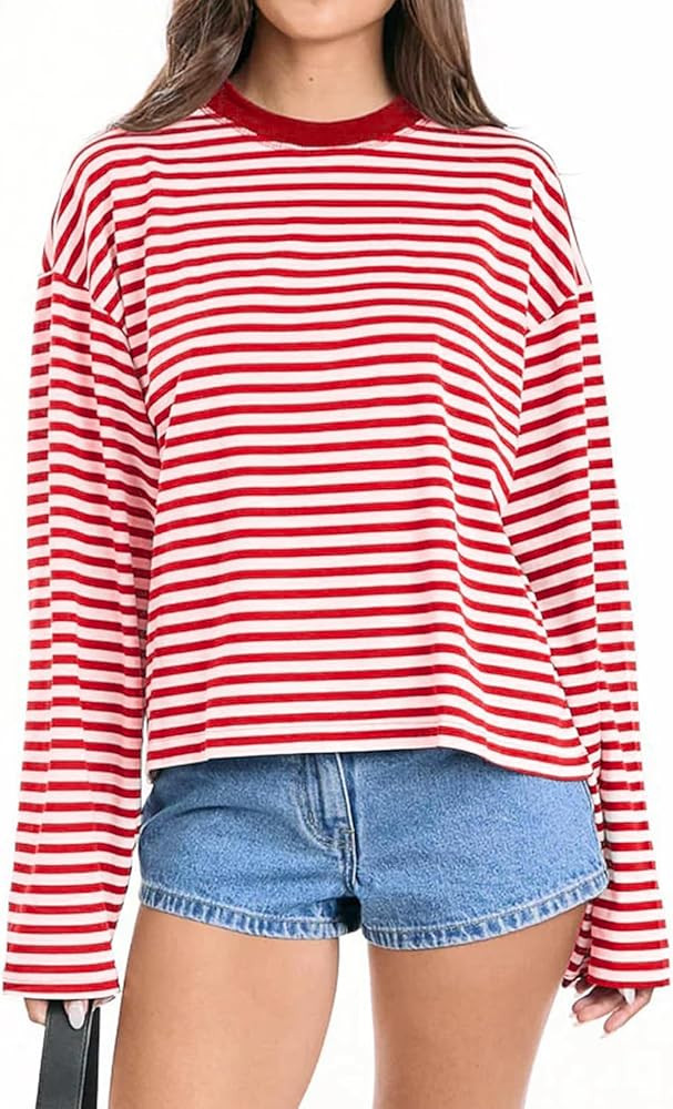 LOMON Striped Long Sleeve Shirt Women Y2k Oversized Crewneck Fall Spring Drop Shoulder Vintage To... | Amazon (US)