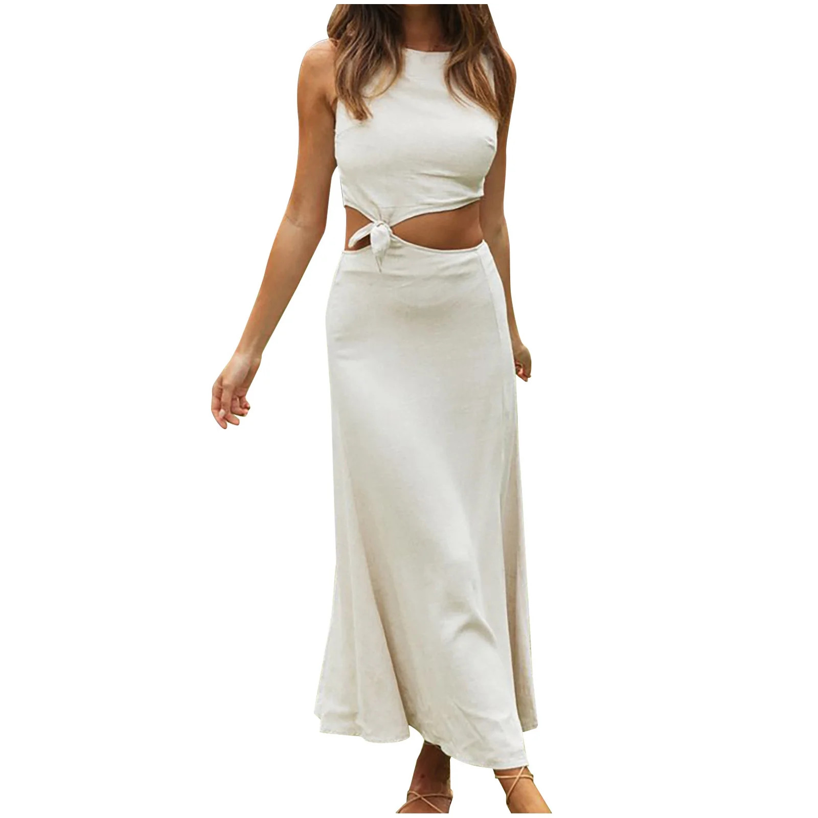 Summer Dress for Women Round Neck Knot Cutout Floral Print Boho Dress Side Slit Ruffle Hem Casual... | Walmart (US)