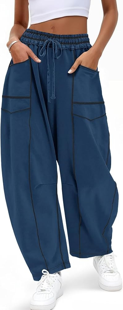 Aoysky Womens Baggy Wide Leg Pants Barrel Casual Drawstring Elastic Waist Contrast Stitch Workout... | Amazon (US)