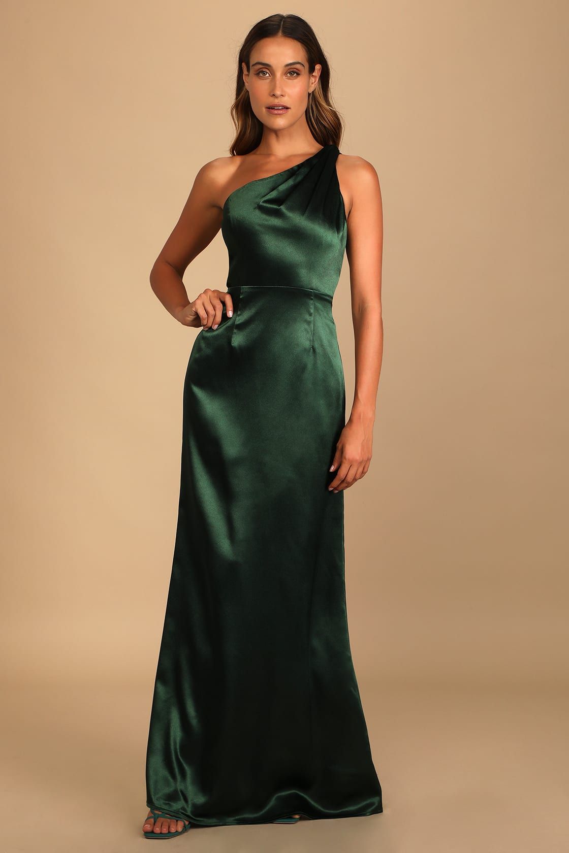 On the Guest List Emerald Green Satin One-Shoulder Maxi Dress | Lulus (US)