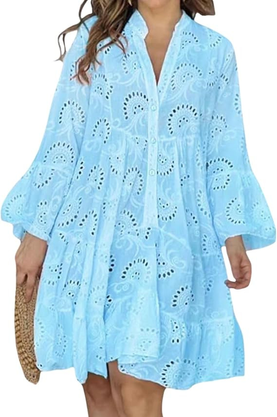 LOAIHA Women's Eyelet Embroidered Hollow Out Dresses V Neck Long Sleeve Lace Midi Dresses Button ... | Amazon (US)