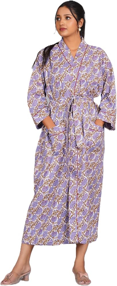 COTSILER Cotton Block Print Kimono Robe for Women Long Bathrobe with Belt & Pockets For Summer Li... | Amazon (US)