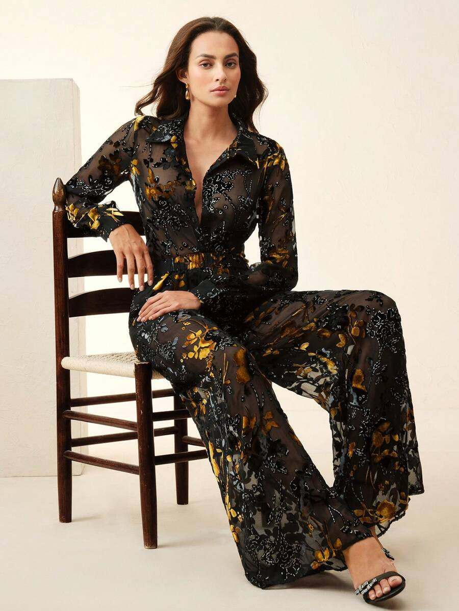 Anewsta Autumn/Winter Elegant Velvet Burnout Fabric Semi-Sheer Blouse & Elastic Waist Straight Le... | SHEIN