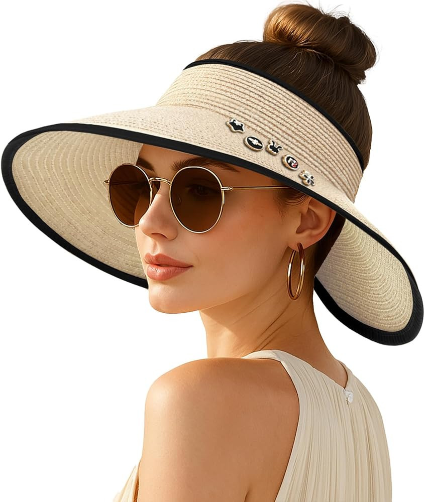 Women's Sun Visor Hats Wide Brim Straw Beach Hat Ponytail Hats for Women Foldable Floppy | Amazon (US)