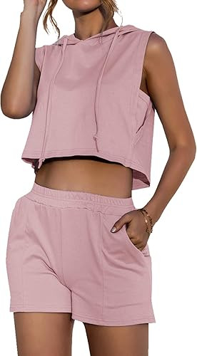 LYANER Women's 2 Piece Tracksuit Sleeveless Hoodies Crop Tank Top and Shorts Set Outfits | Amazon (US)