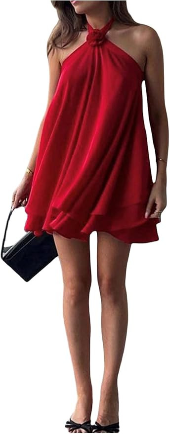 Floerns Women's Chiffon Halter Dress Layered Ruffle Sleeveless Backless Mini Loose Dresses | Amazon (US)