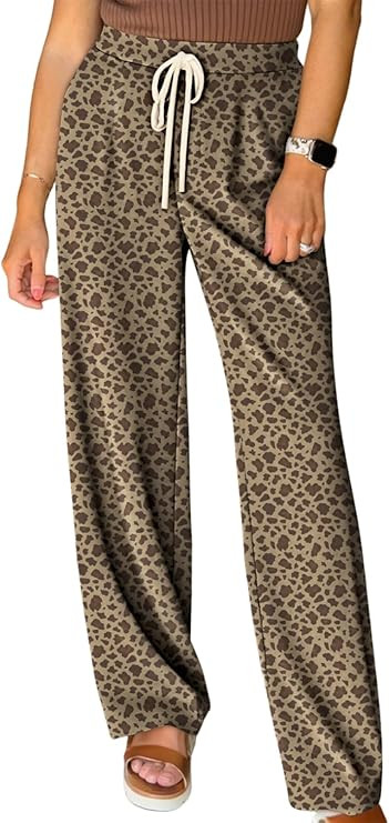 Acelitt Women's Leopard Pants Elastic Waist Casual Loose Wide Leg Lounge Pants with Pockets | Amazon (US)