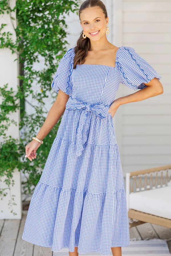 The Notion Blue Gingham Midi Dress | The Mint Julep Boutique