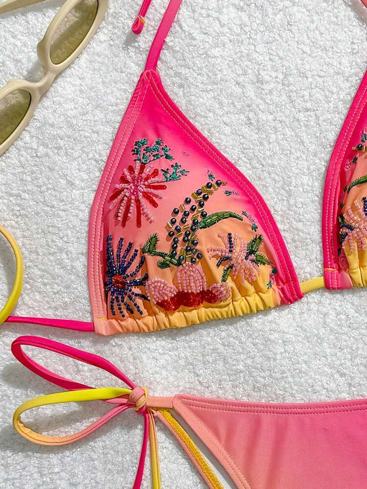 Swim Mod Embroidered Summer New Halter Tie Ombre Floral Beaded Women's Bikini Set, Triangle Swimwear For Beach Vacation | SHEIN