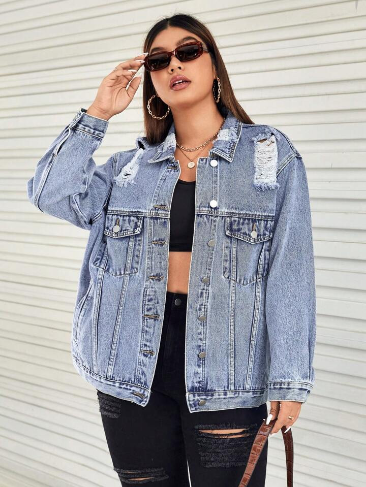 Plus Ripped Flap Pocket Denim Jacket | SHEIN