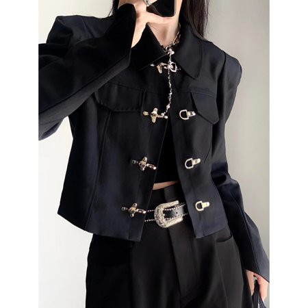 Women Coat Metal Button Office Lady Solid Full Chains Turn-down Collar Outerwear Coats | Walmart (US)