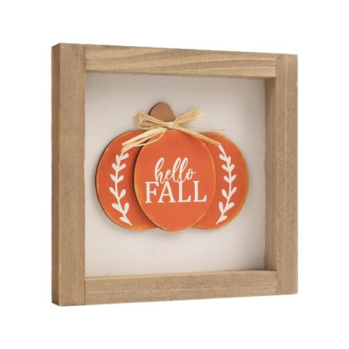 pechpell Wooden Hello Fall Sign with 3D Orange Pumpkin Decor, 6 In Autumn Decorative Signage Plaques, Indoor Table Shelf Mantel Tiered Tray Desk Wall Art Rustic Farmhouse Decorations for Home Office | Amazon (US)