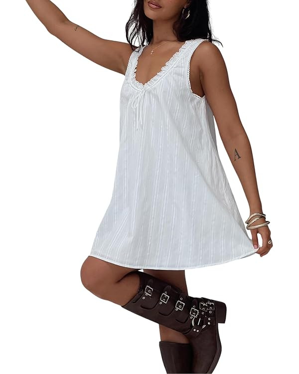 Womens Babydoll Tank Dress Y2k Lace Trim Square Neck Mini Dress Loose Aesthetic Sleeveless Flowy ... | Amazon (US)