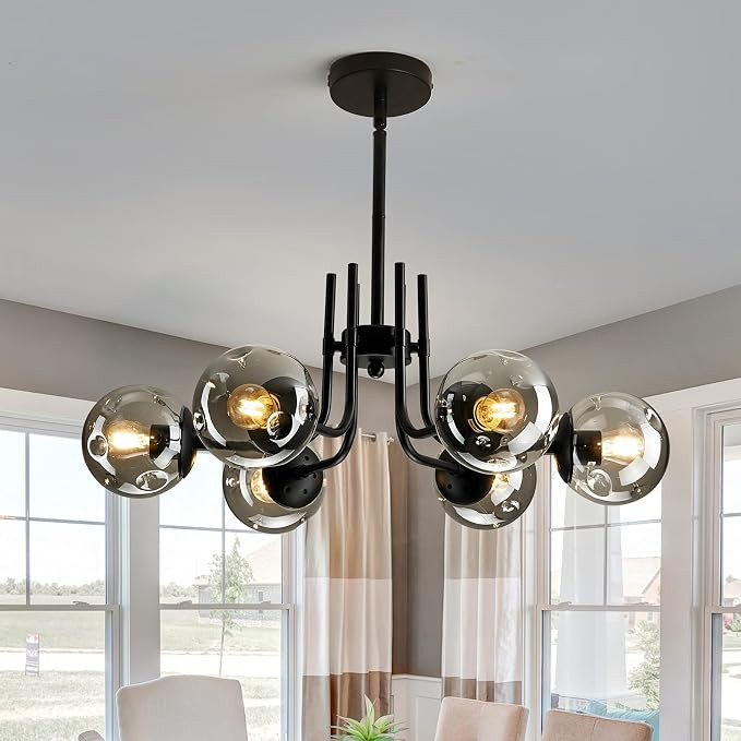 FGSADI 6-Lights Glass Globe Chandelier，Modern Metal Ceiling Light Fixture， Black Semi Flush M... | Amazon (US)