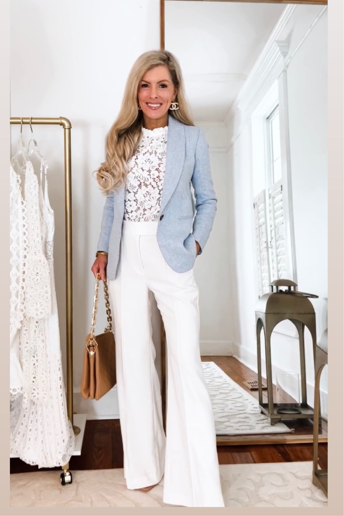 Workwear 
Blue blazer on sale : wearing 00 P 
White lace blouse
White flare pants : wearing 0 S 

#LTKworkwear #LTKSale #LTKFind