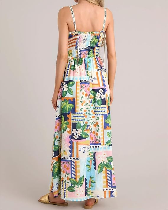 Women Boho Floral Print Summer Dresses Spaghetti Straps Maxi Dress Sleeveless Ruffle Beach Flowy ... | Amazon (US)