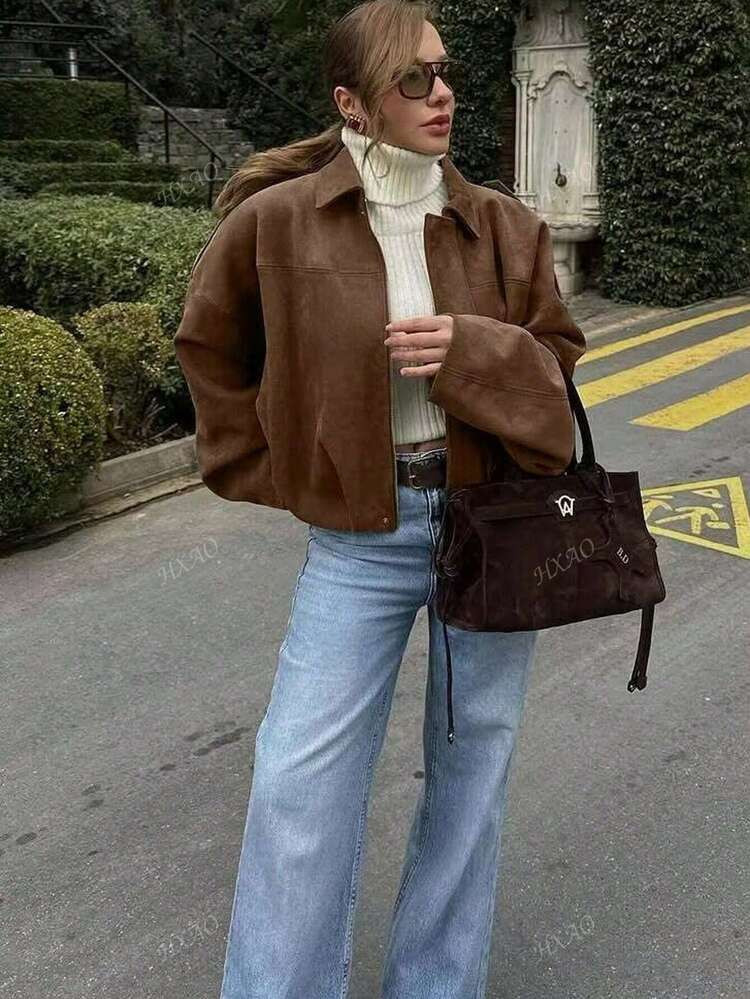 Women's Bomber Jacket Spring Coat Loose Long Sleeves Zip Vintage Jacket Ladies New Jacket Green O... | SHEIN