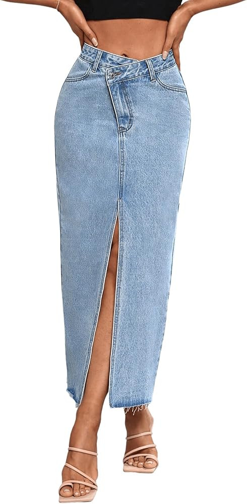 SweatyRocks Women's Casual High Waist Denim Skirt Split Hem Raw Trim Midi Jean Skirts | Amazon (US)