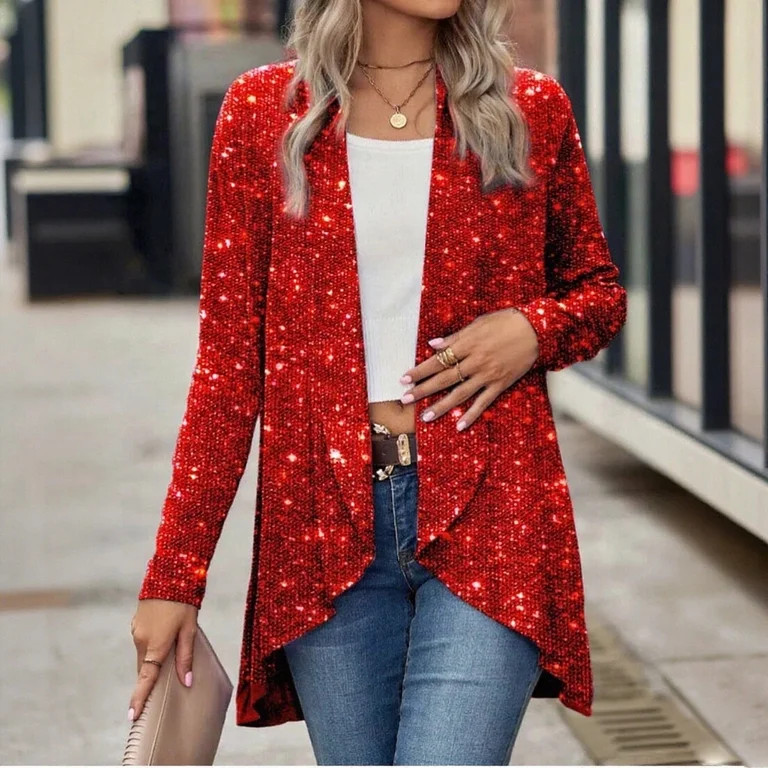 Pitauce Womens Sequin Jacket Long Sleeve Open Front Glitter Cardigan Sparkly Blazer for Casual Pa... | Walmart (US)