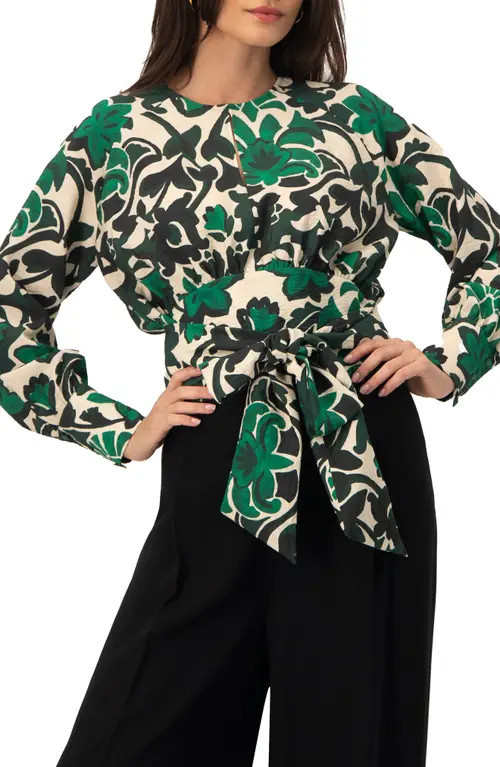 IVONNE Floral Print Blouse with Waist Tie and Keyhole Neckline in Green at Nordstrom, Size 12 | Nordstrom