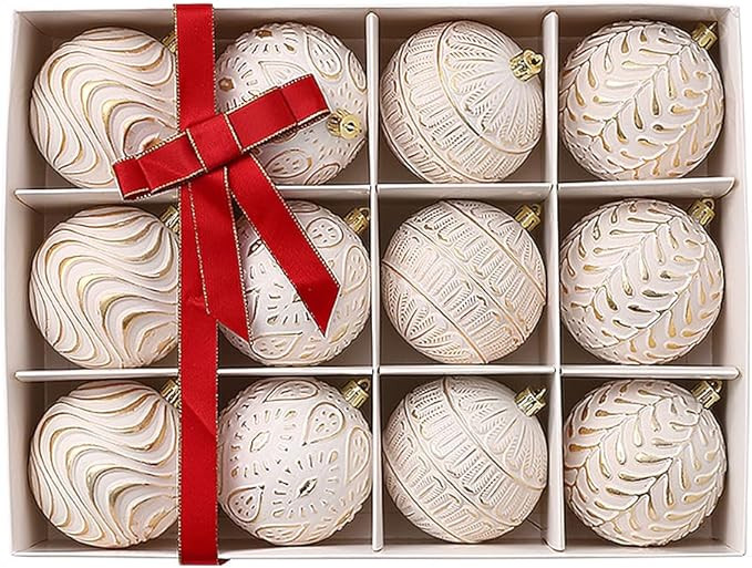 12Pcs White Christmas Balls Ornaments for Christmas Tree, 4 Style Hanging Balls for Xmas New Year... | Amazon (US)