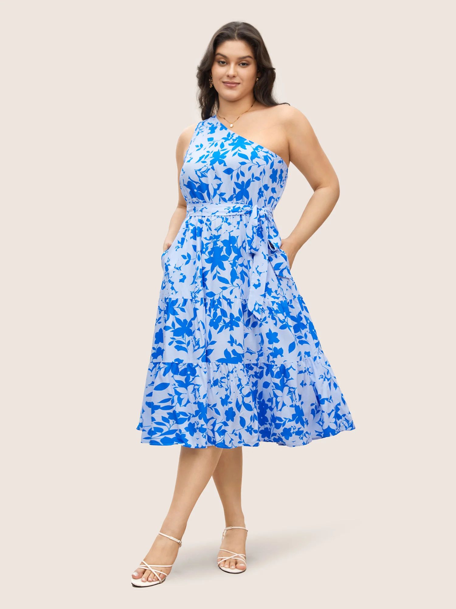 Silhouette Floral Print One Shoulder Belted Dress | Bloomchic