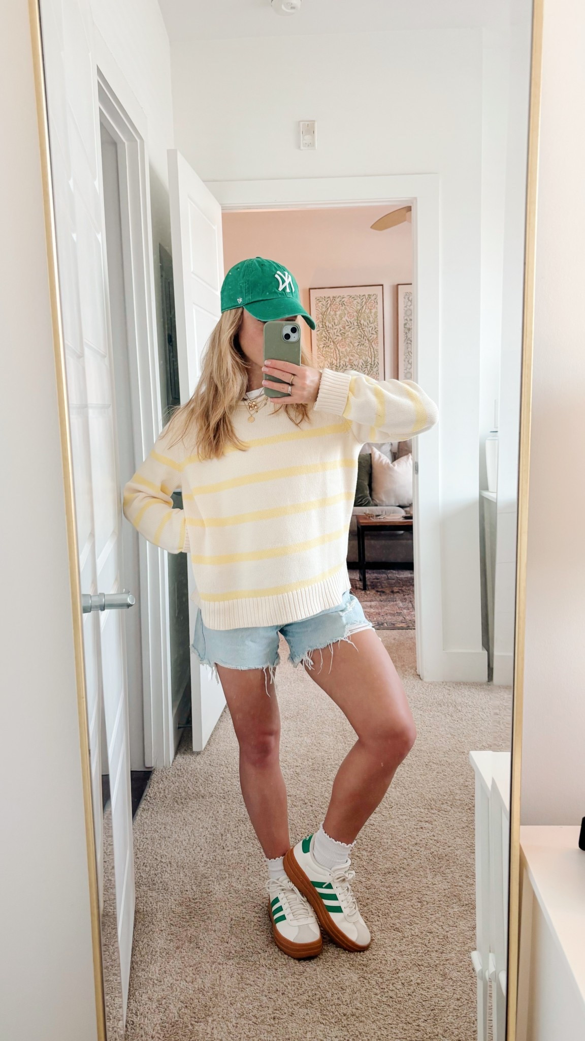 SPRING OOTD! Sweater + Jean shorts combo will always be my favorite!!! Pops of green are EVERYTHING💚💚

Casual outfit, spring sweater, hat styling, adidas sneakers

#LTKStyleTip #LTKShoeCrush #LTKFindsUnder100