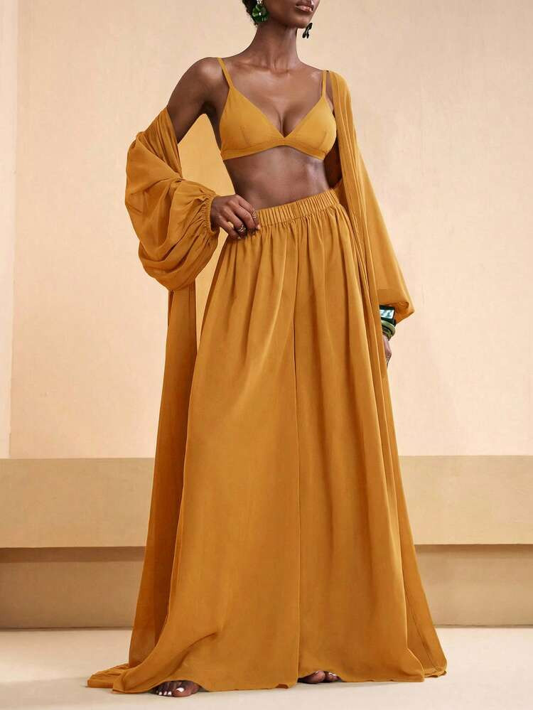 Zivah Women's Solid Color Robe And Elastic Waist Wide Leg Pants Casual Outfit Summer Beach Vacati... | SHEIN