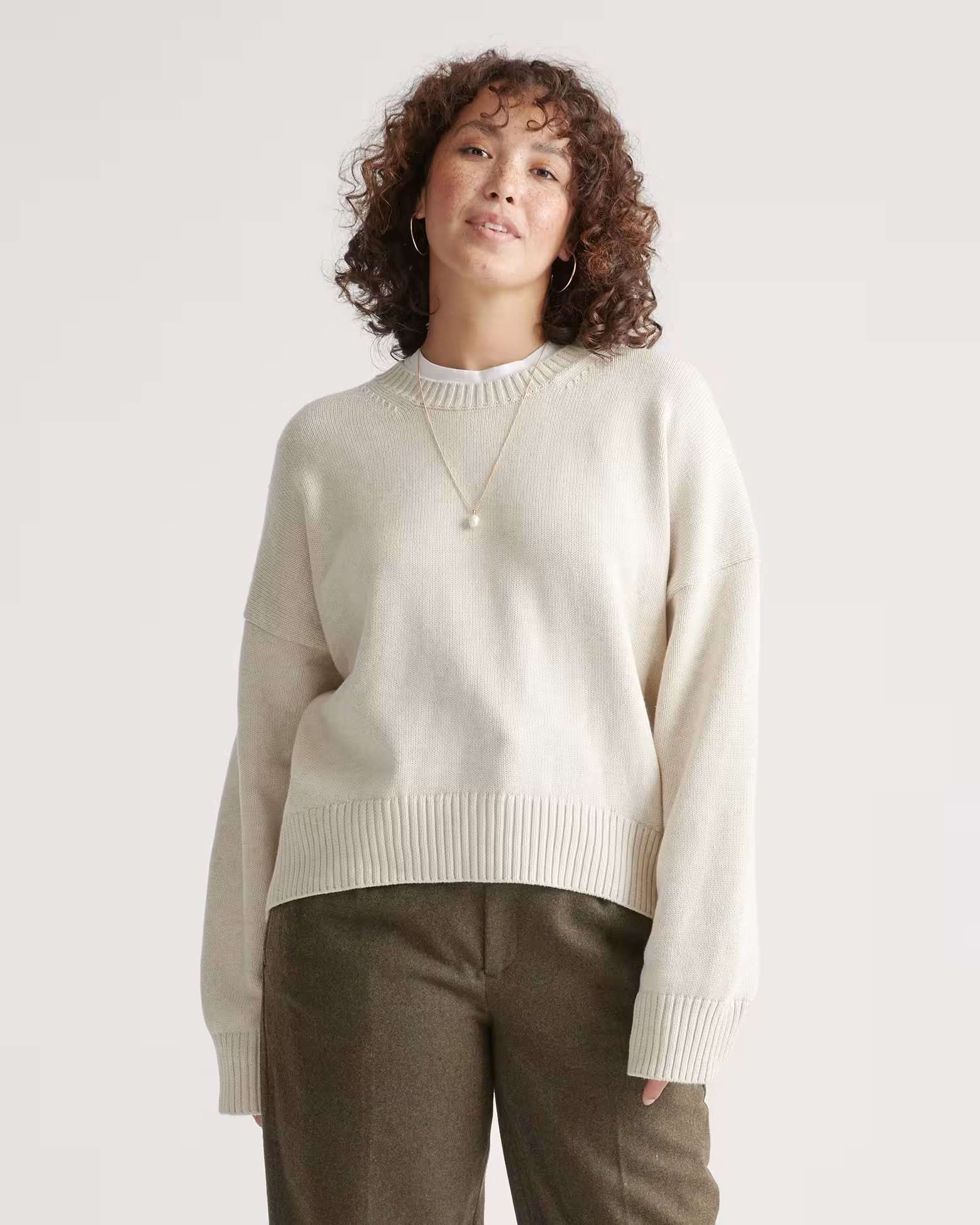 100% Organic Cotton Boyfriend Crew Sweater in Speckled Beige | Quince