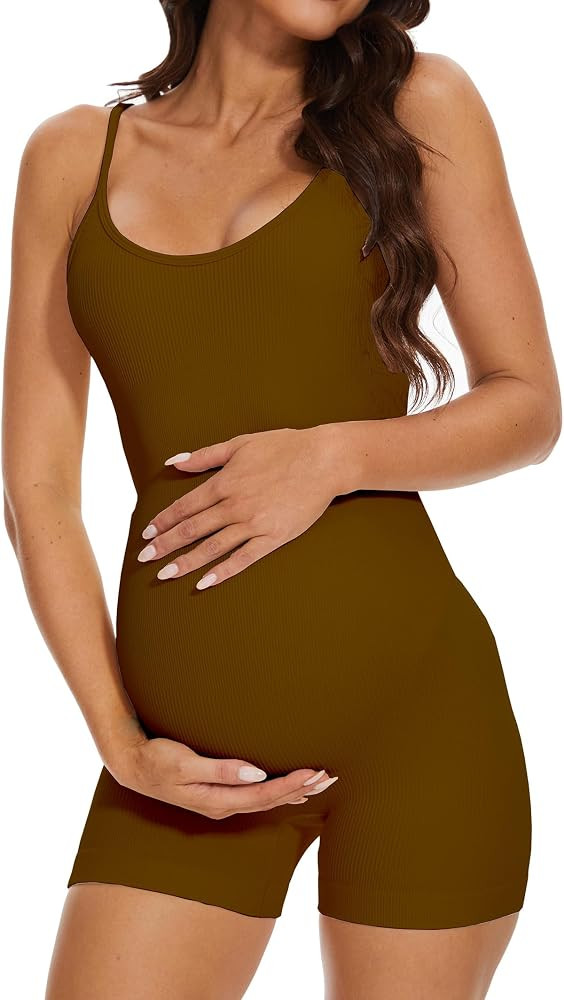 Amazon.com: BDITANLE Maternity Workout Romper Pregnancy Yoga Ribbed One Piece Seamless Spaghetti ... | Amazon (US)