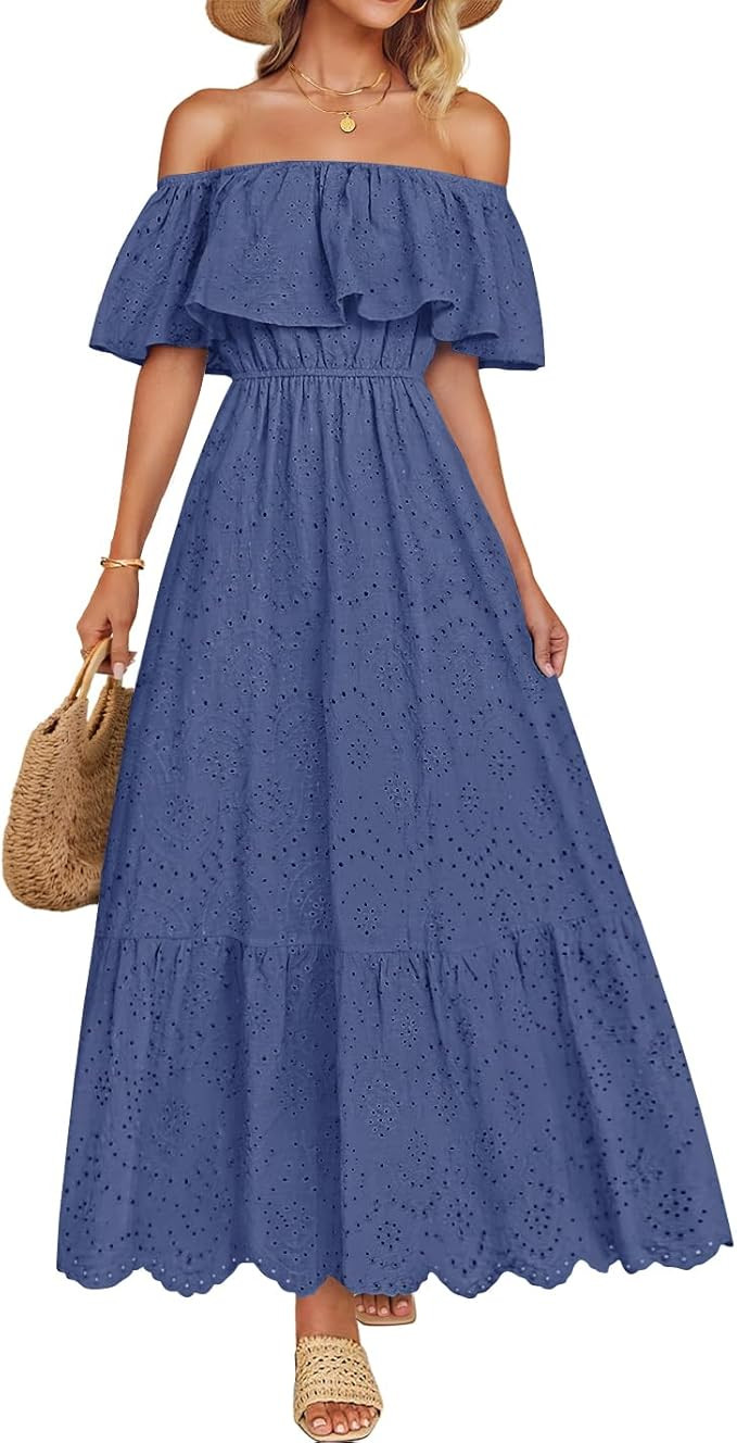 ZESICA Women's 2026 Summer Off Shoulder Ruffle Midi Dress Short Sleeve High Waist Hollow Out Embr... | Amazon (US)