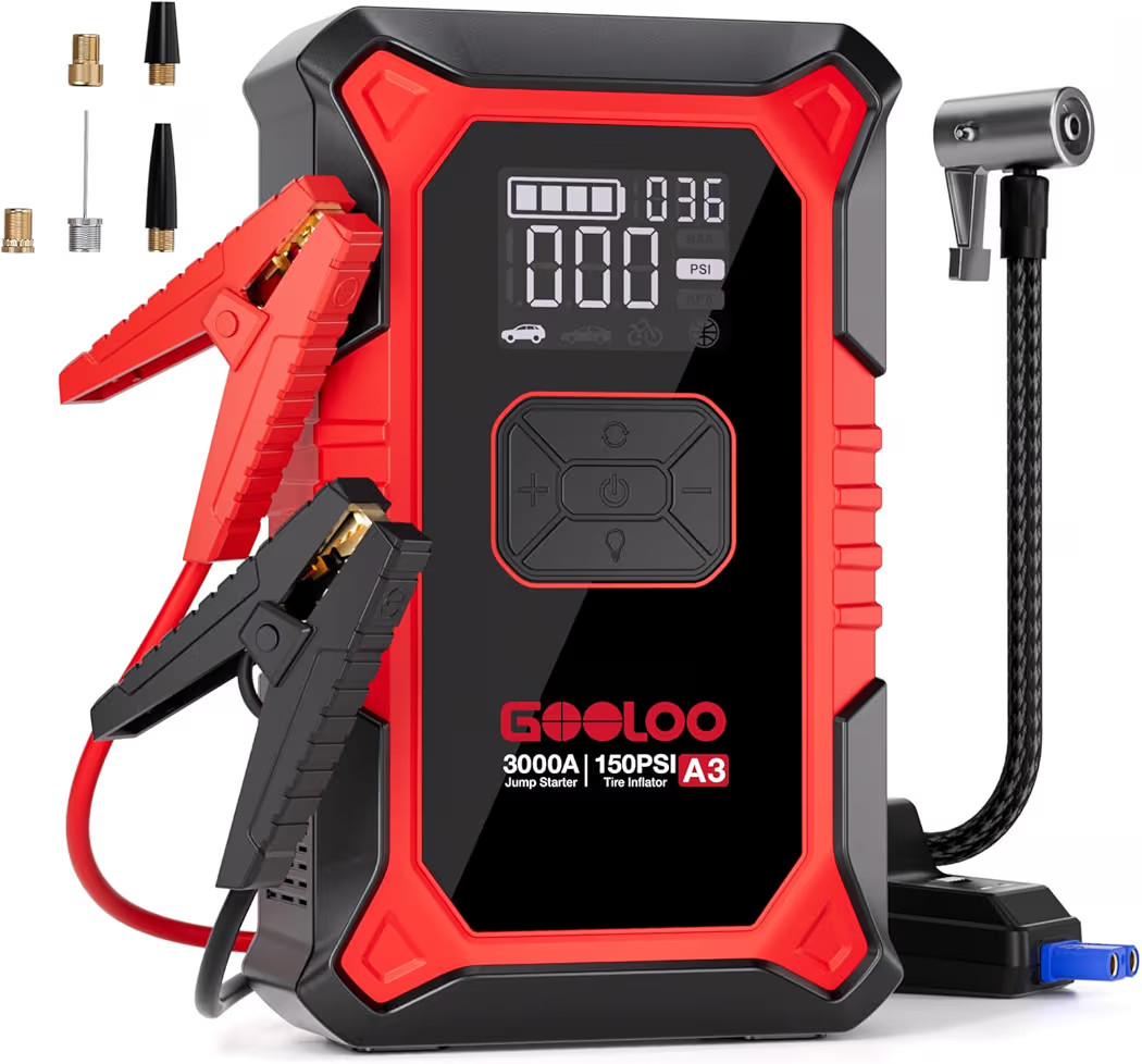 GOOLOO A3 Jump Starter with Air Compressor, 3000A Portable Car Battery Booster (9.0 Gas/6.5L Dies... | Amazon (US)