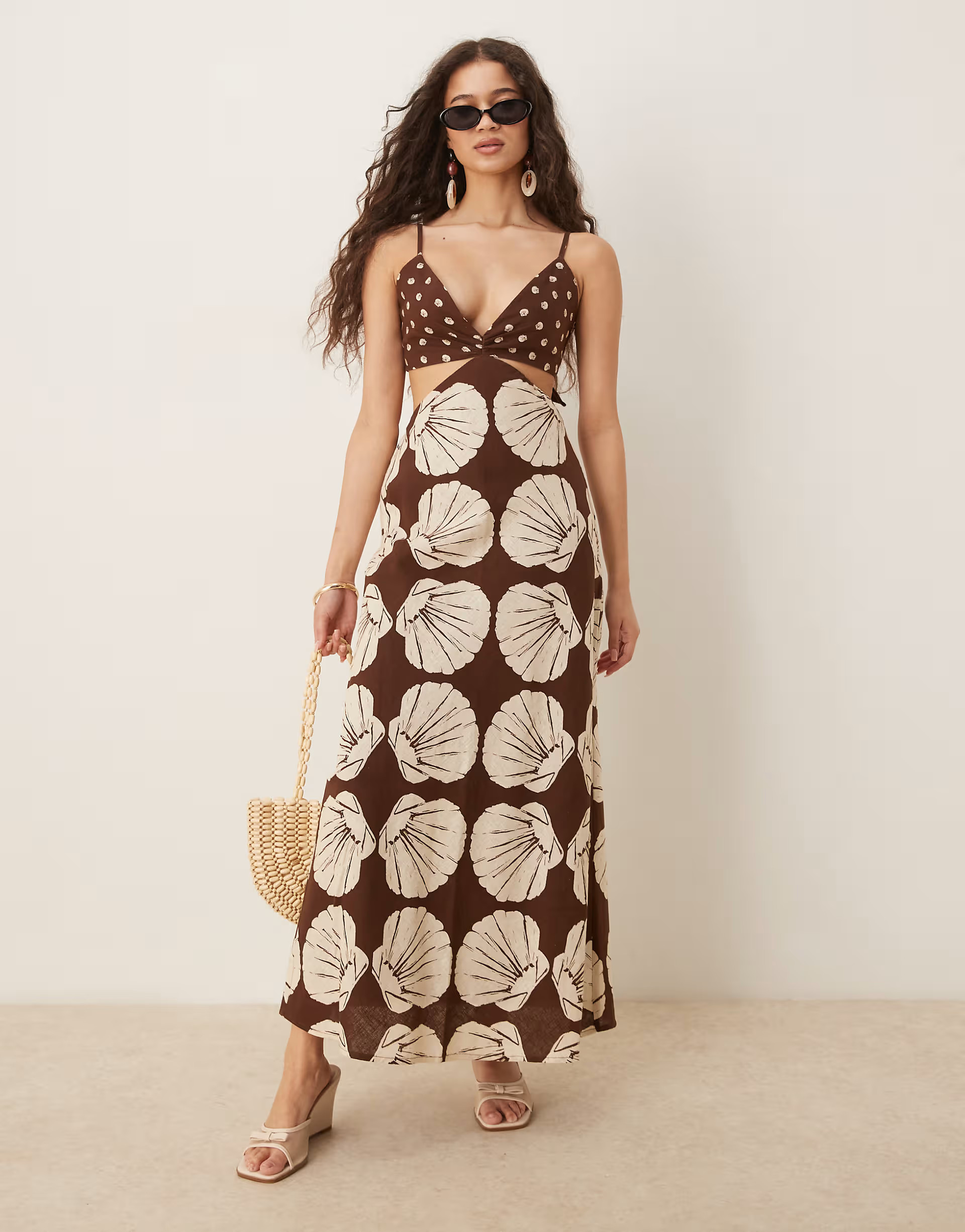 Abercrombie & Fitch spaghetti strap cutout slip maxi linen dress in brown print | ASOS | ASOS (Global)