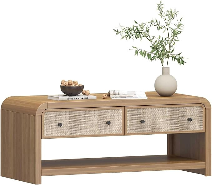 Oak&Sparrow 48'' Boho Coffee Table, Thickened Arc-Shaped Coffee Table with Rattan Drawer, Oak Tab... | Amazon (US)