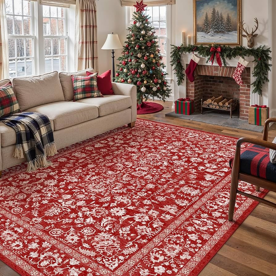 Christmas Area Rug 8x10 Red Washable Living Room Carpet Vintage Floral Holiday Decor Indoor Bedro... | Amazon (US)