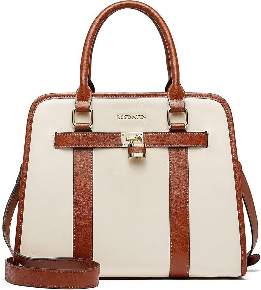BOSTANTEN Women Leather Handbags Designer Satchel Purses Two-Tone Top Handle Work Shoulder Tote Bags | Amazon (US)