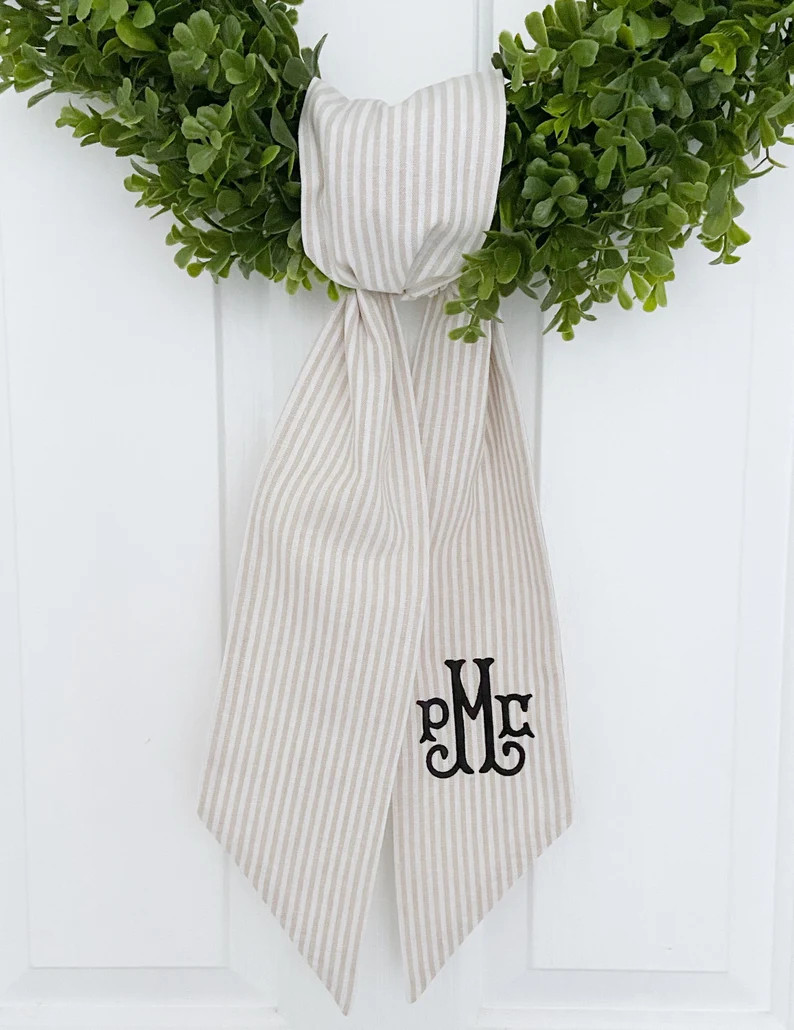 Monogrammed Khaki Striped Sash Customized Wreath Sash Tan Initial Wreath Sash Personalized Gift W... | Etsy (US)