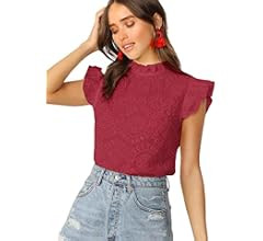 Romwe Women's Sleeveless Ruffle Stand Collar Embroidery Button Slim Blouse Top | Amazon (US)