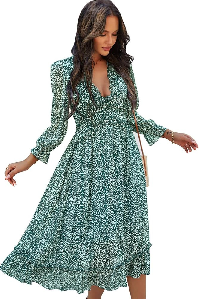 Women's Casual Midi Dress,V Neck Long Sleeves Floral Ruffle Summer Maxi Dresses | Amazon (US)
