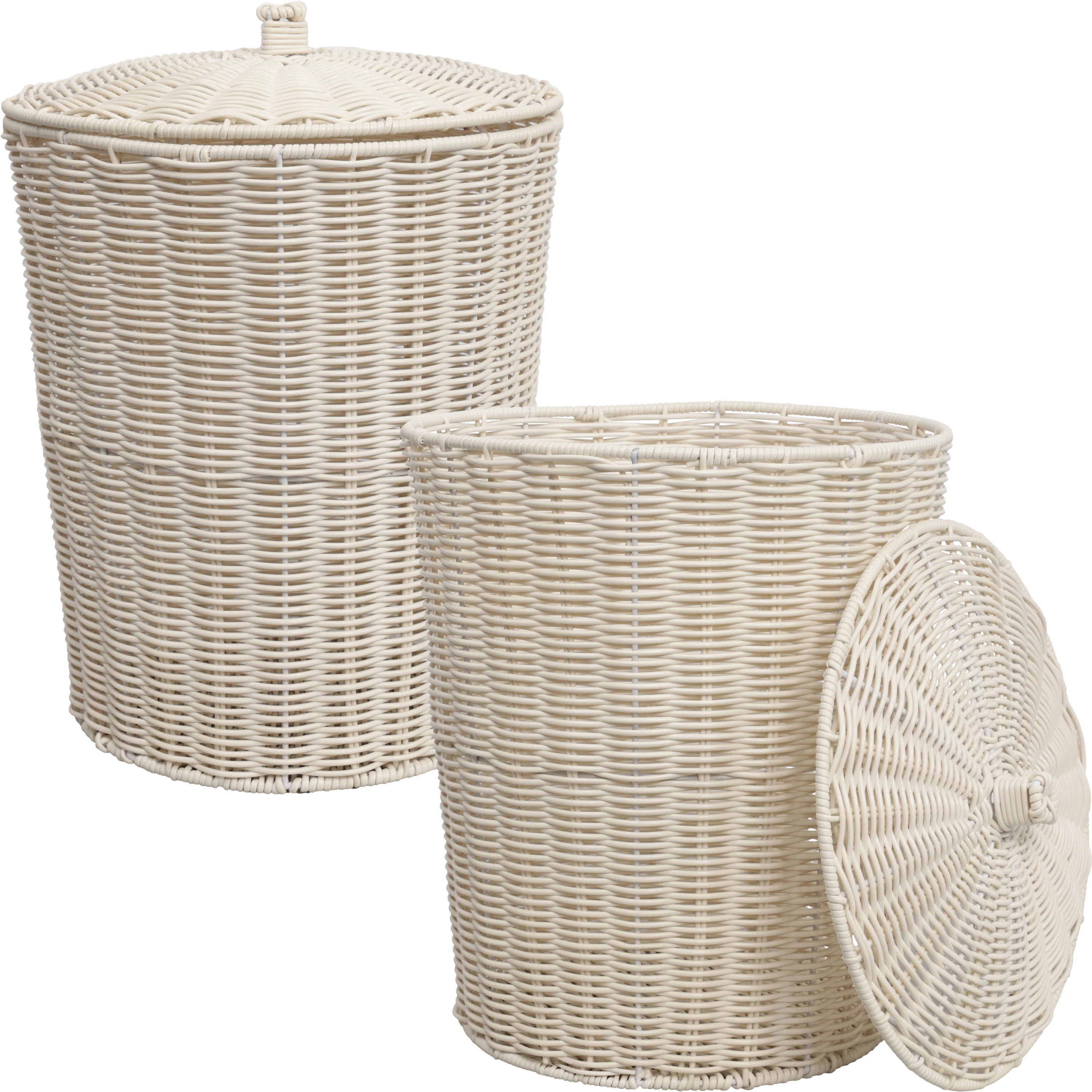 Ollie Coastal Contemporary Resin 4.7-Gallon Tapered Round Wicker Wastebasket with Lid (Set of 2) | Wayfair North America