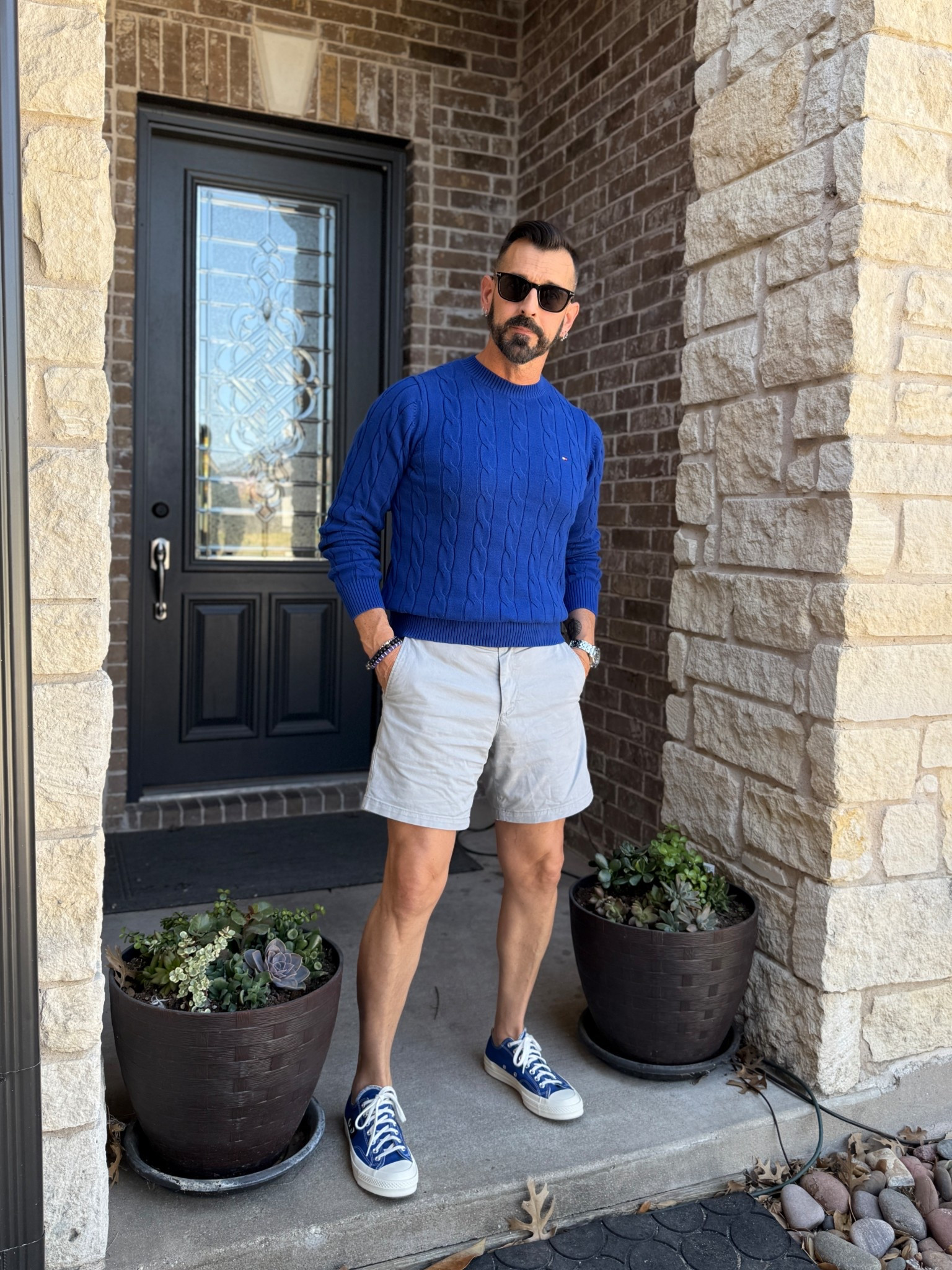 With spring upon us, it means that we’ll get milder temps throughout the day and that gives us the chance to break out some warm weather clothing. So, why not be comfy AND let the go sticks get some sun?! I’m a huge fan of a cable knit sweater, especially light weight ones, and a fun sneak to tie it all together. Never forget jewelry and good pair of shades too! 

#LTKMens #LTKSeasonal #LTKOver40